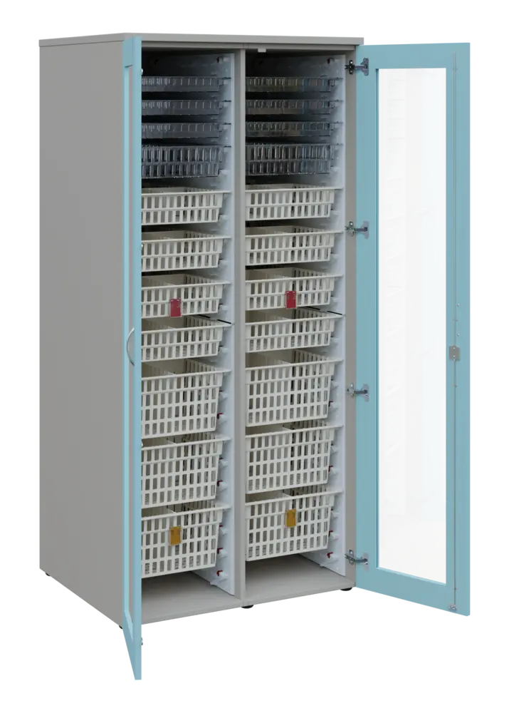 EUROMEDICA S - 90 skříň léková boxová, 2-dveřová/prosklená, 1950x900x735, korpus šedý, dvířka obloha